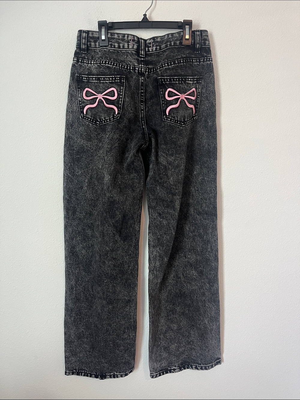 DISCLOSURE Black Acid Wash Wide Leg Bow Embroidered Pocket Jeans
